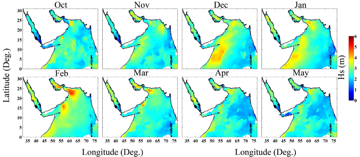 Maxima in northerly wind speeds and wave heights over the Arabian Sea
